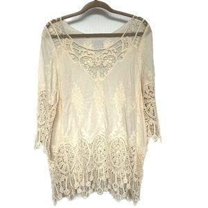 Cotton Crochet Lace Top 3/4 Sleeves One Size Round Neck Pull On Asha Mexico